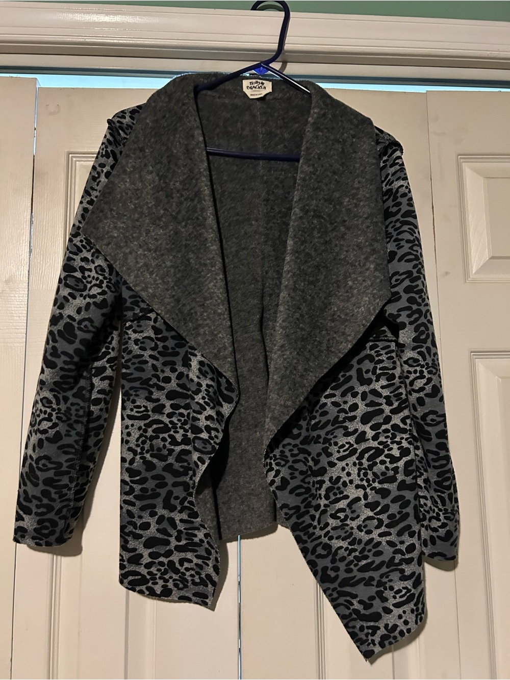 Molly Bracken Gray Leopard-Print Draped Open Cardigan